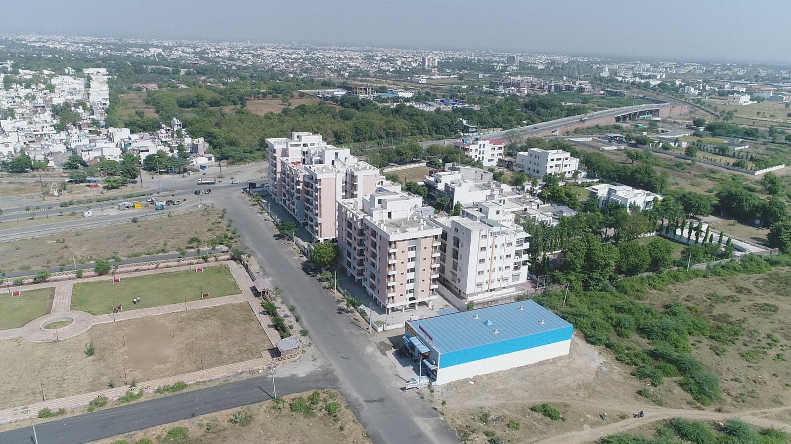 Side aerial view of Shanti Tower apartments